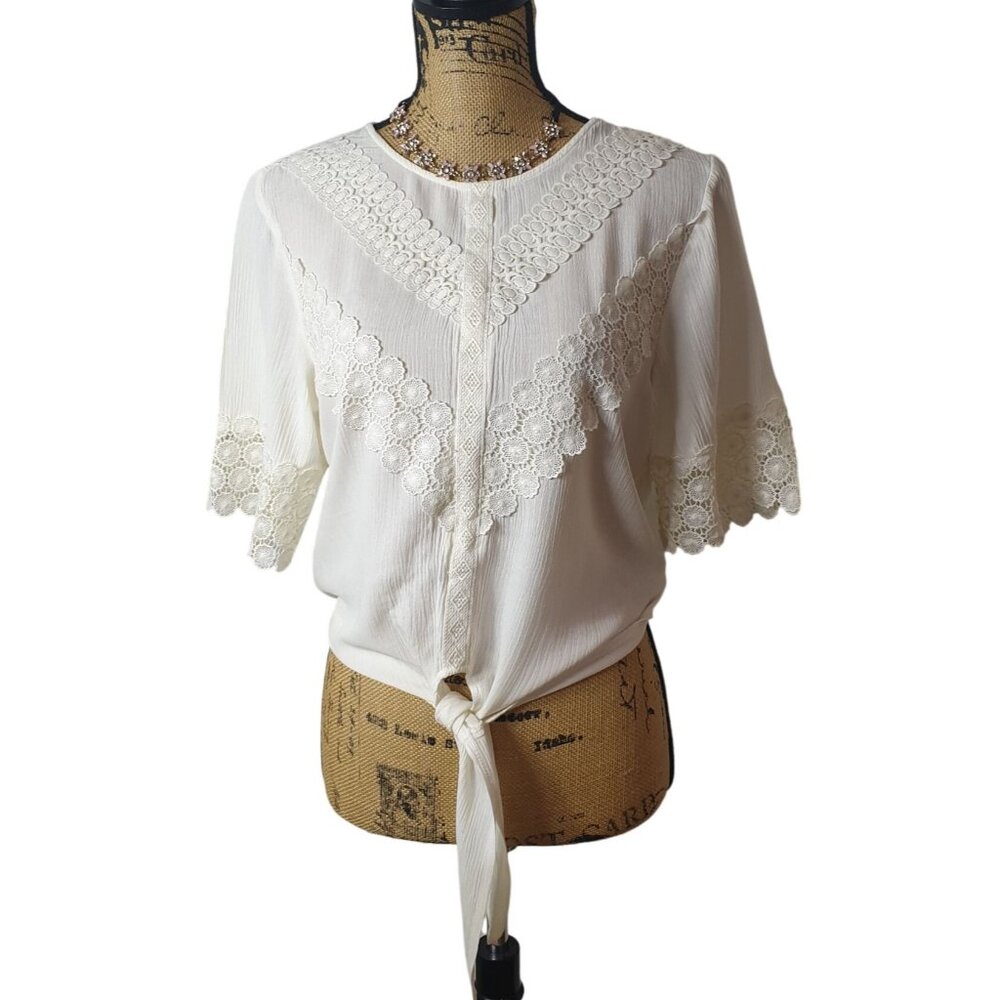 NoBo Womens Tie Front Blouse S Ivory Crochet Lace Fairy Retro Cottage Casual